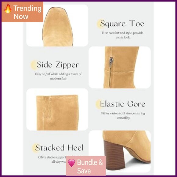 Knee High Boots Square Toe Chunky Block Heel Side Zipper Faux Suede - Picture 6 of 8